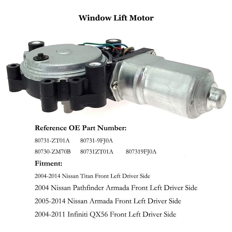 Syconeer Power Window Lift Motor Front Left Driver Side for 2004-2014 Nissan Titan 2004 Nissan Pathfinder Armada 2005-2014 Nissan Armada 2004-2011 Infiniti QX56 Replace OE 80731-ZT01A 80731-9FJ0A - Image 1